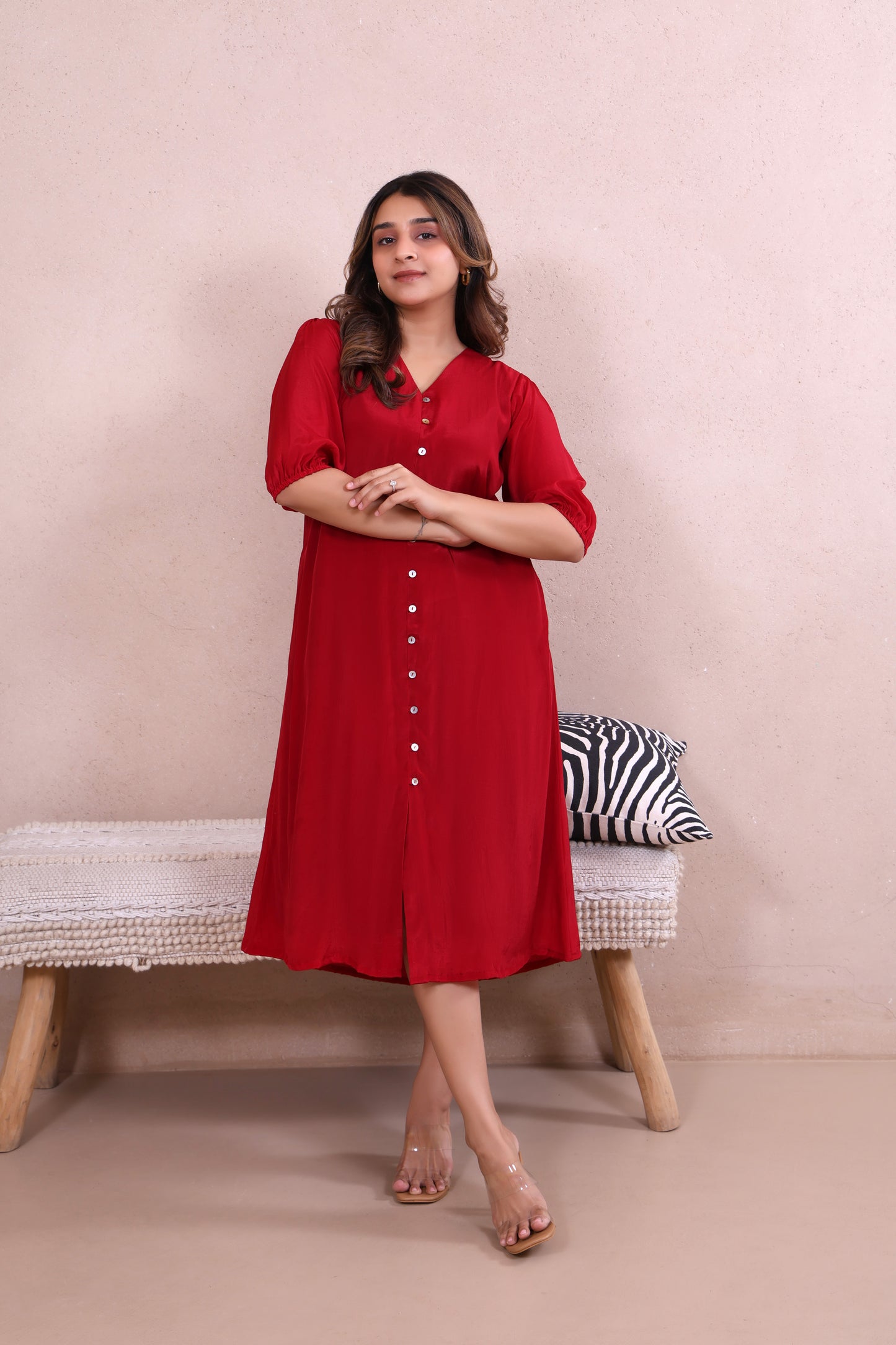 Red V neck Dress