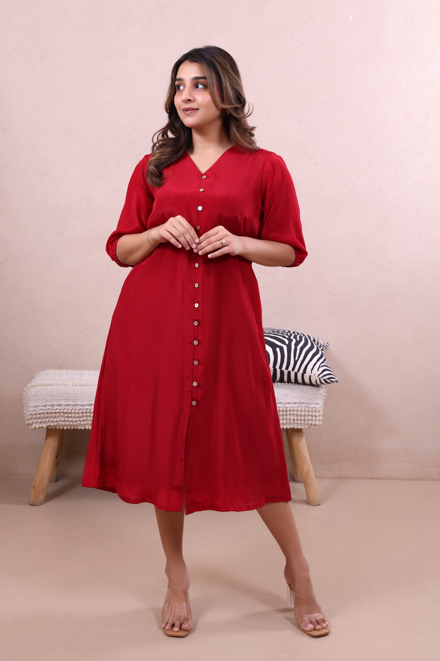 Red V neck Dress
