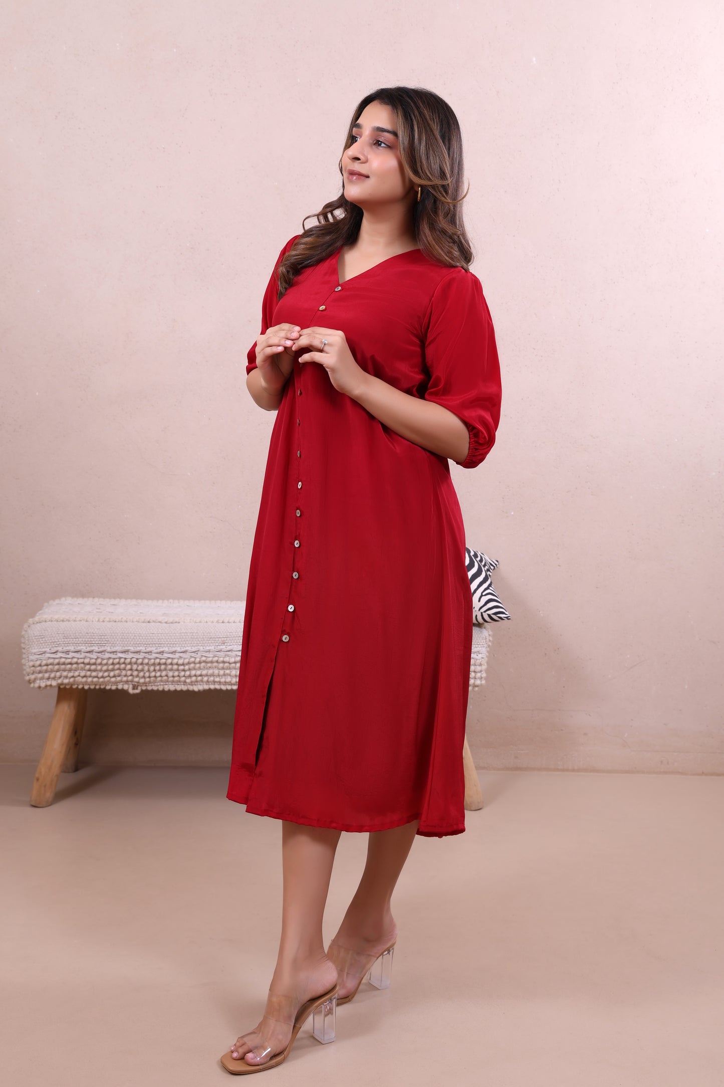 Red V neck Dress