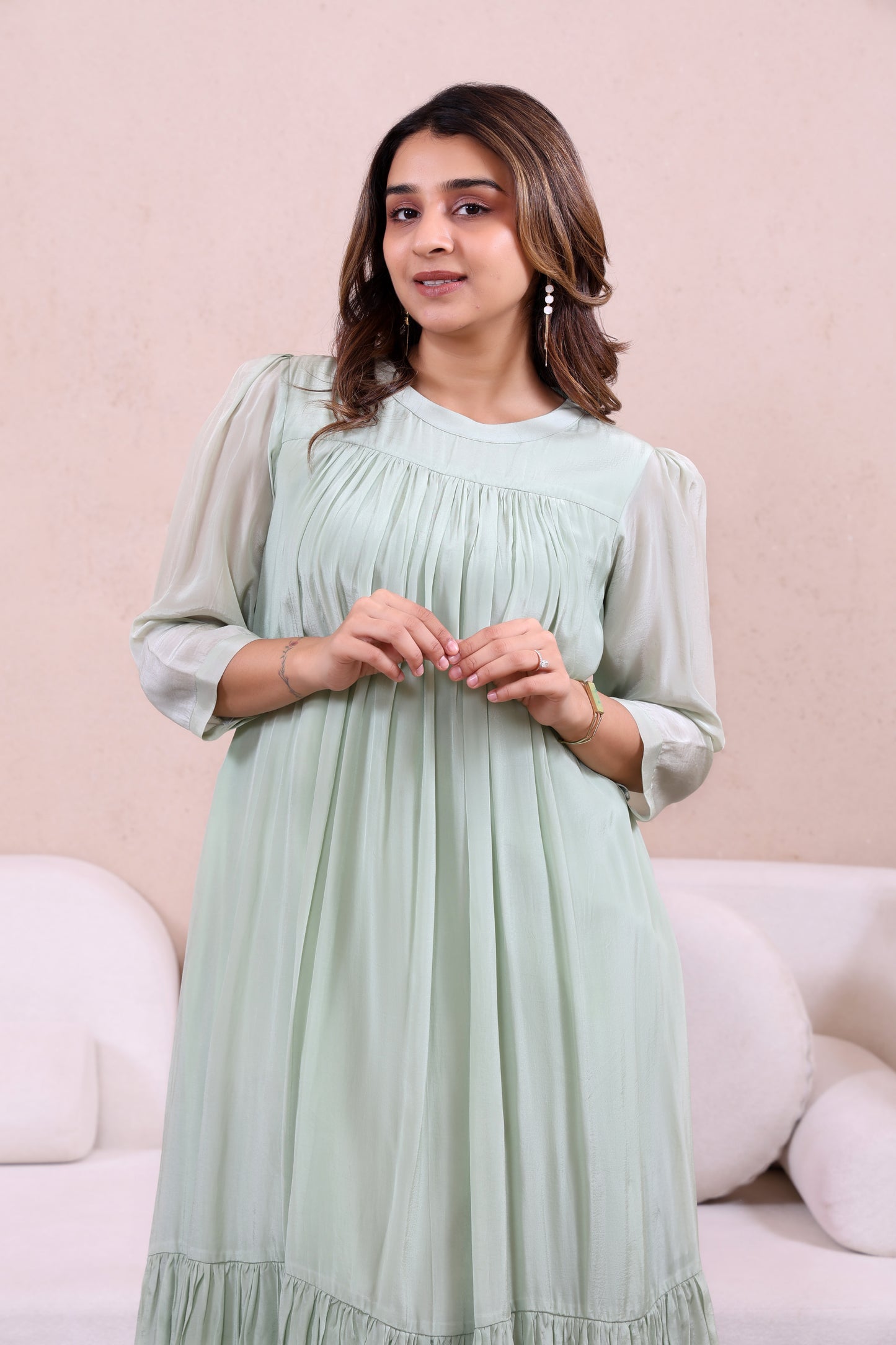 Pleated Pestle Green Dress with Pocket