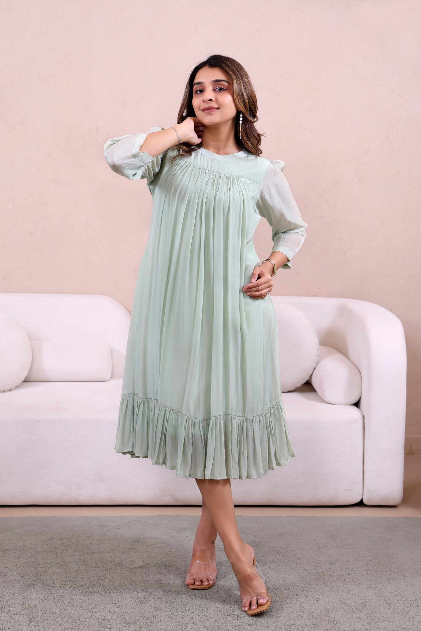 Pleated Pestle Green Dress with Pocket