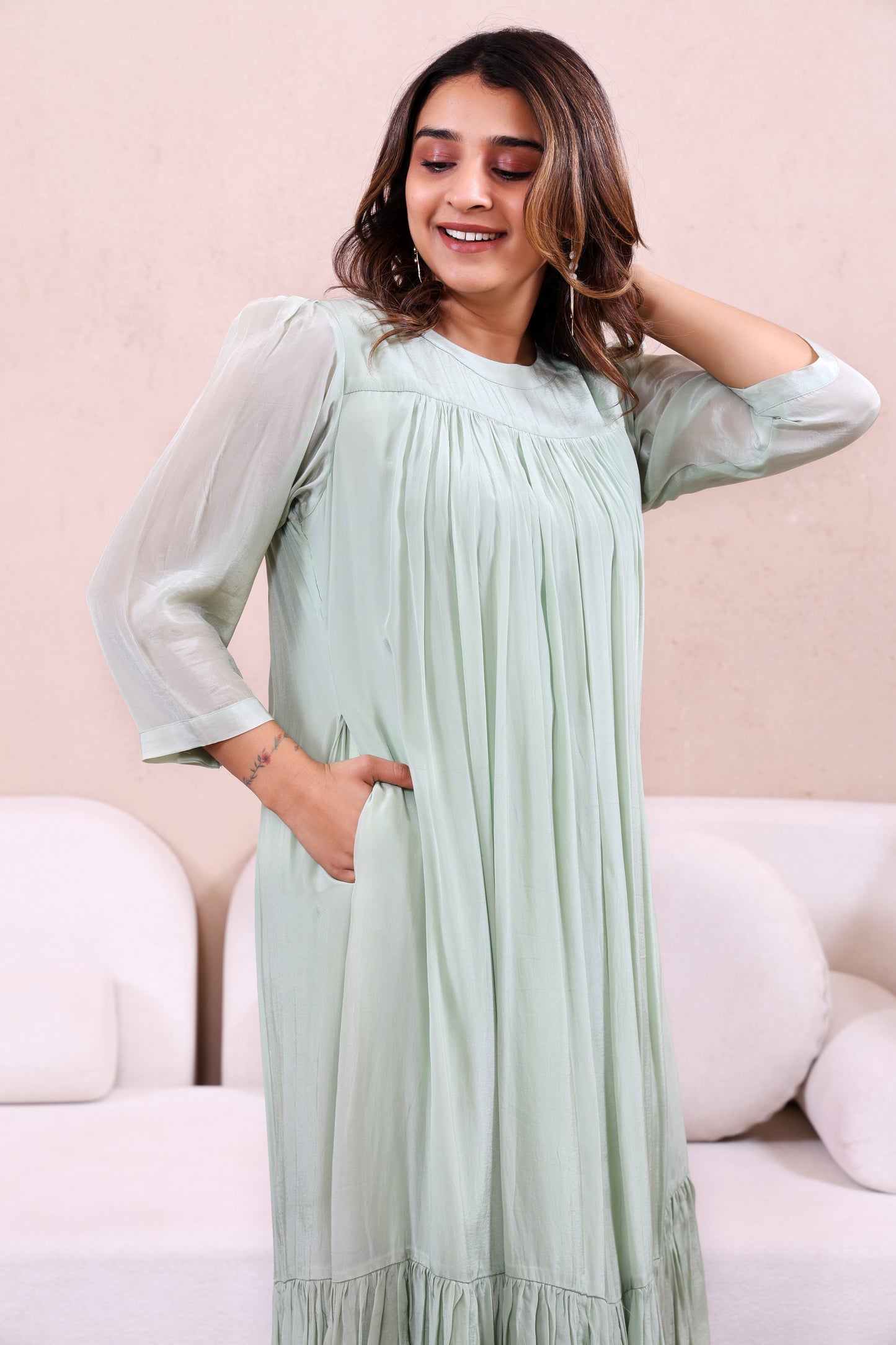 Pleated Pestle Green Dress with Pocket