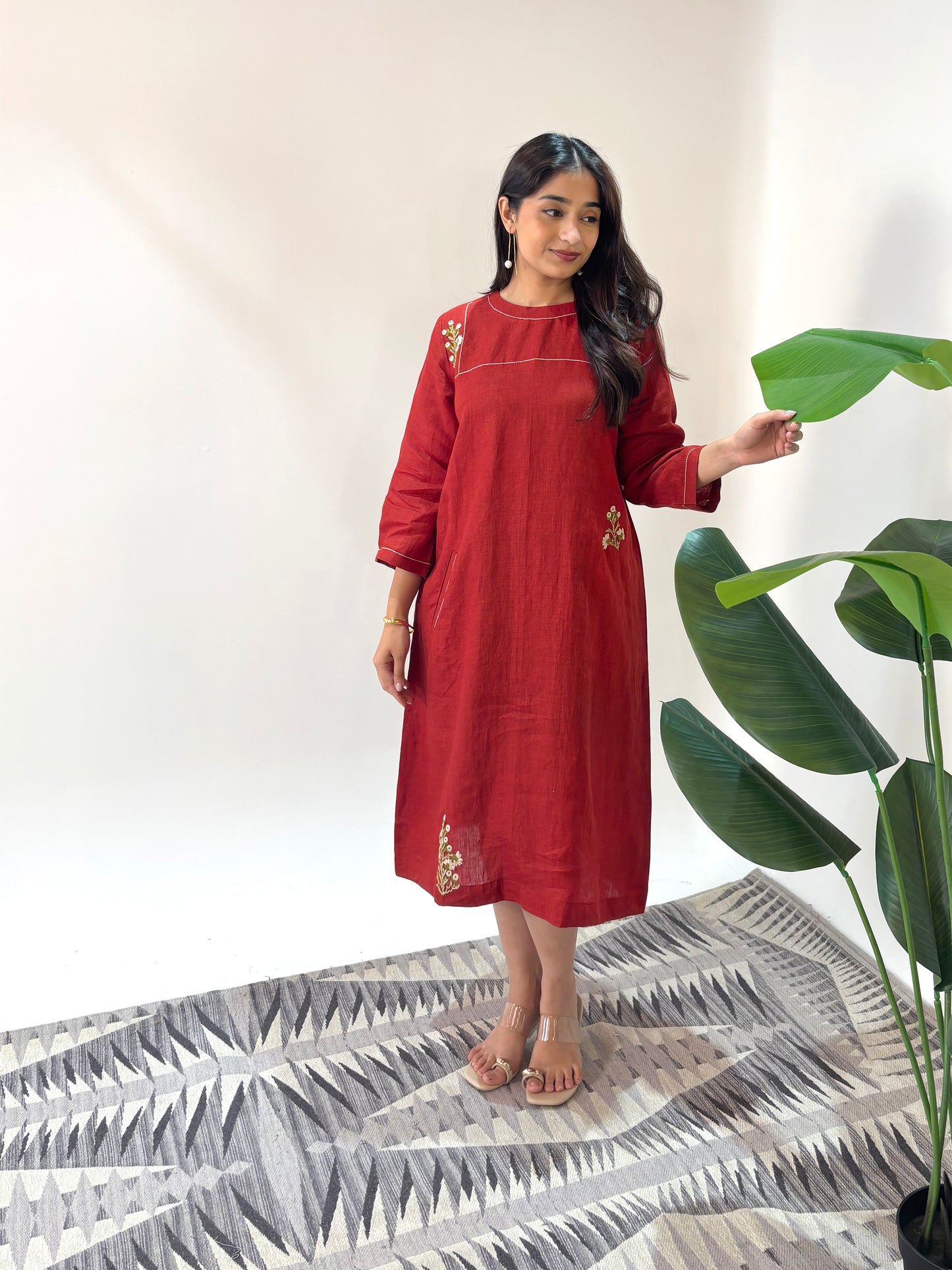 Linen Embroidery Dress - Orange