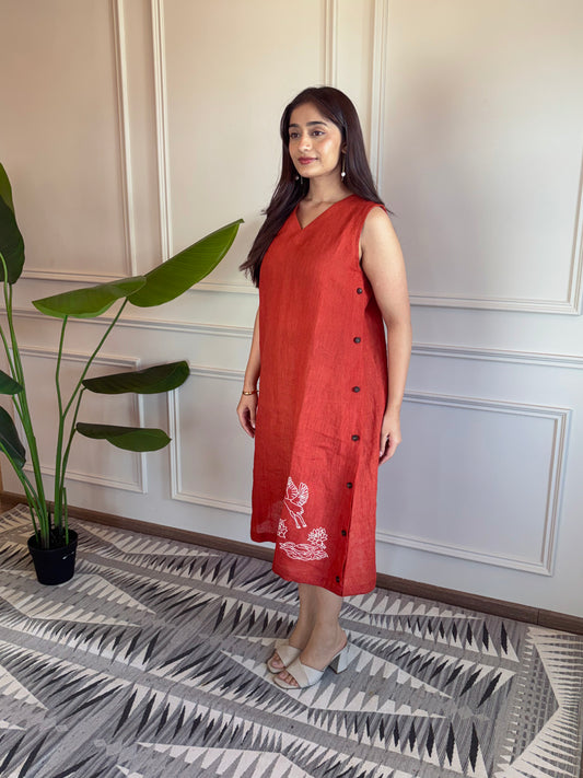 Linen Embroidery Dress - Orange