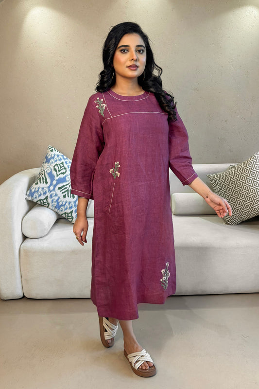 Linen Embroidery Dress - Purple