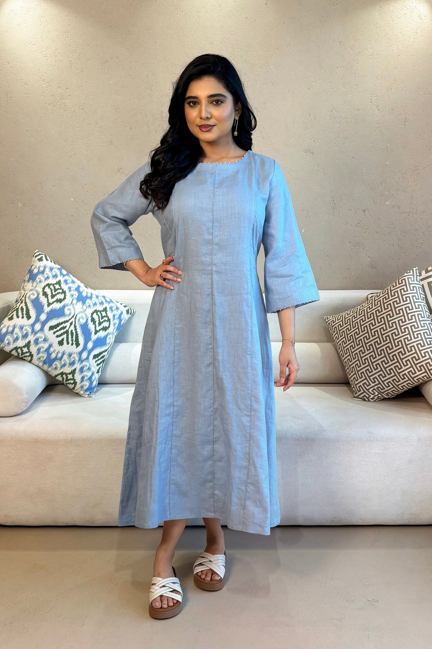 Linen Aline Dress - Sky Blue
