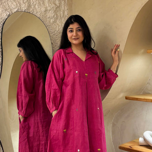 Pink Linen Embroidery Dress
