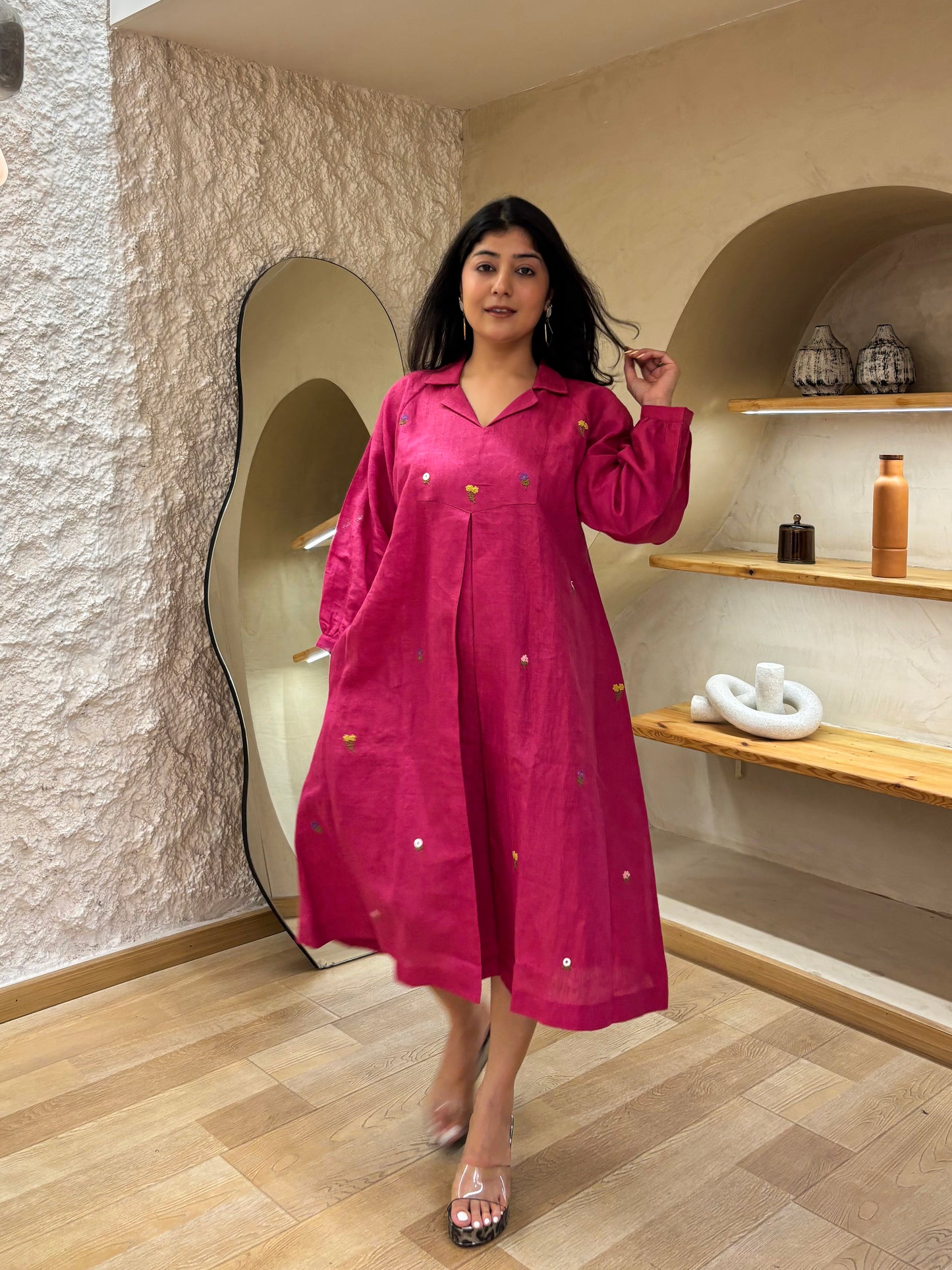 Pink Linen Embroidery Dress