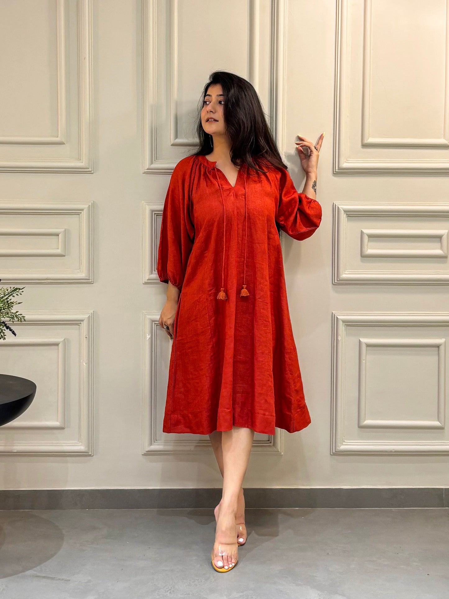 Bold & Elegant Orange Linen Dress