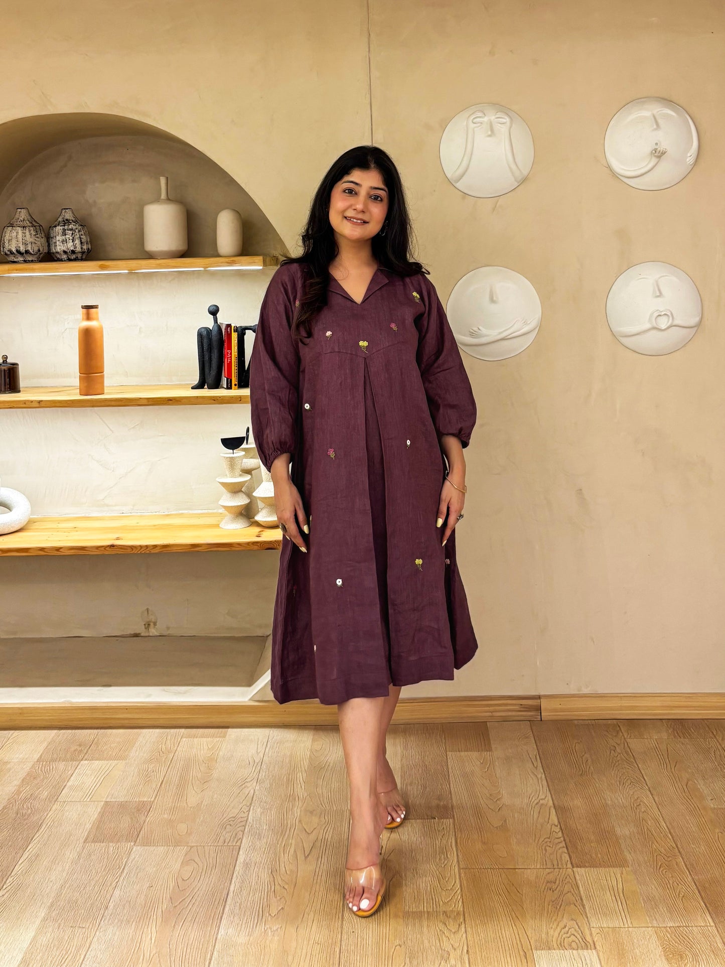 Purple Linen Embroidery Dress