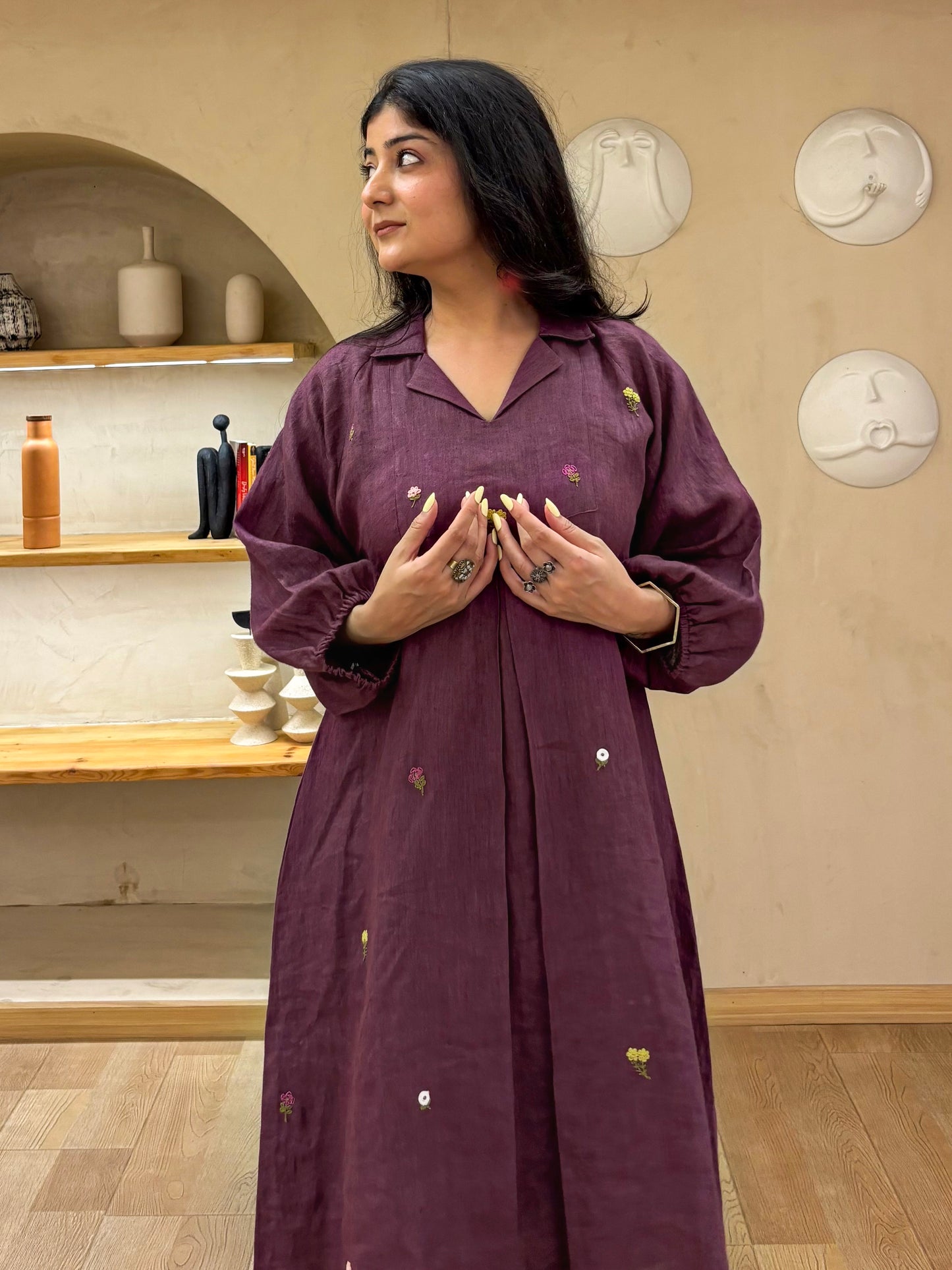 Purple Linen Embroidery Dress