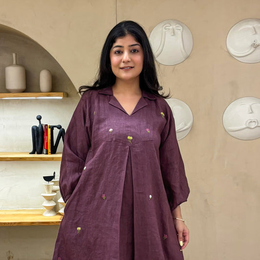 Purple Linen Embroidery Dress