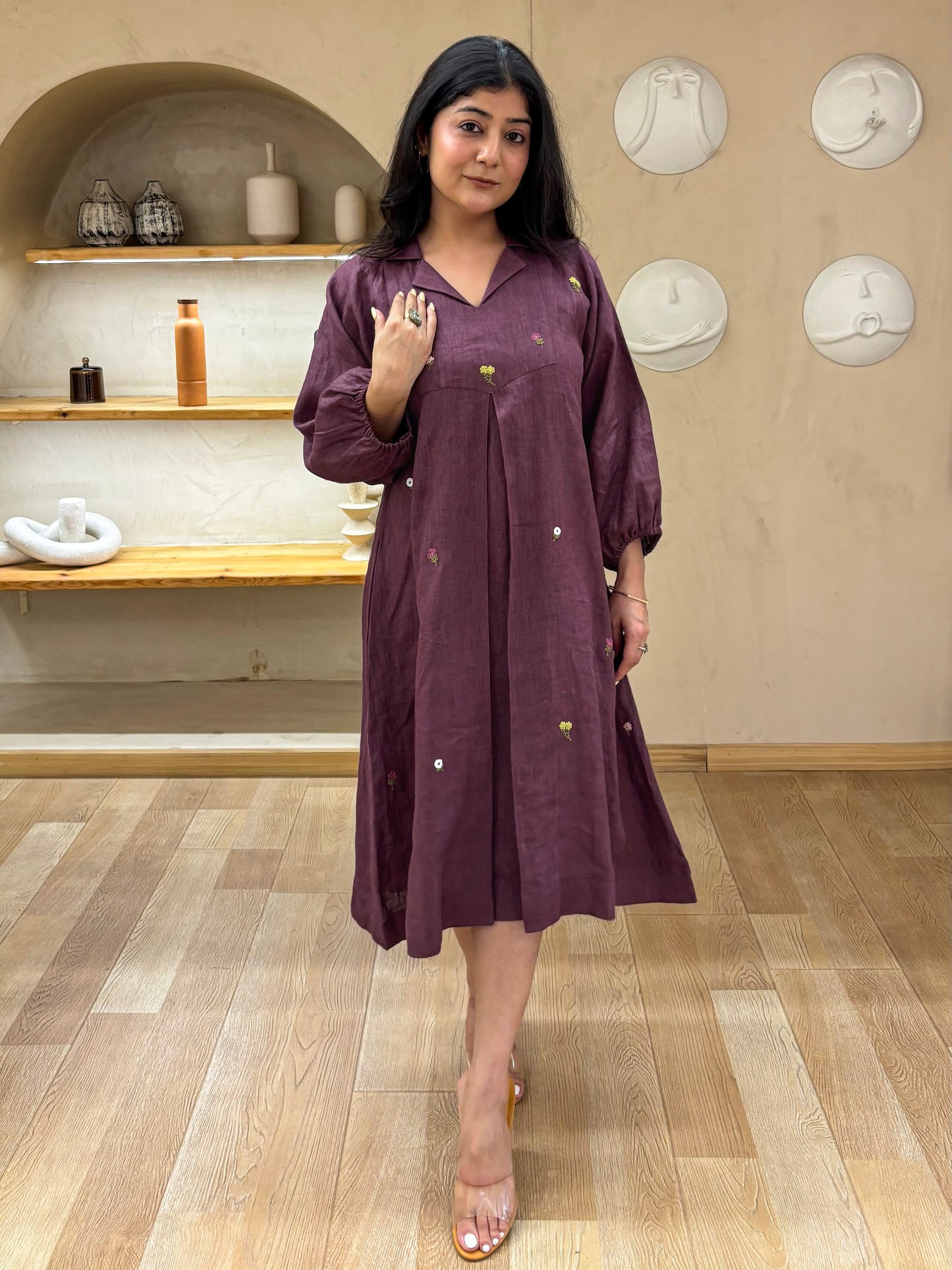 Purple Linen Embroidery Dress