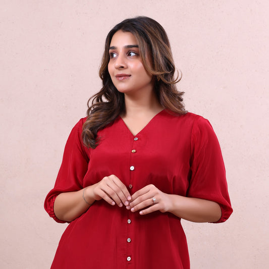 Red V neck Dress