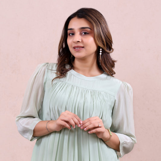 Pleated Pestle Green Dress with Pocket