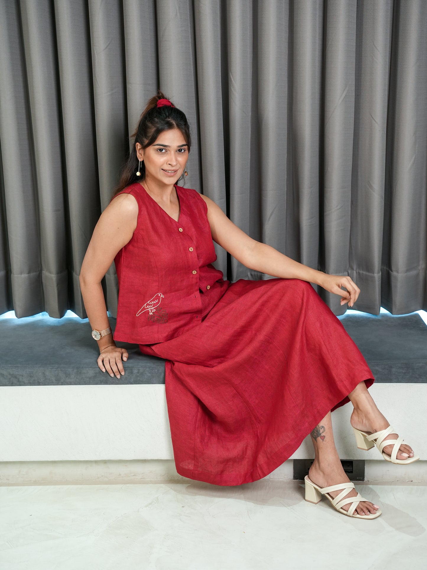 Linen Top with Skirt - Red