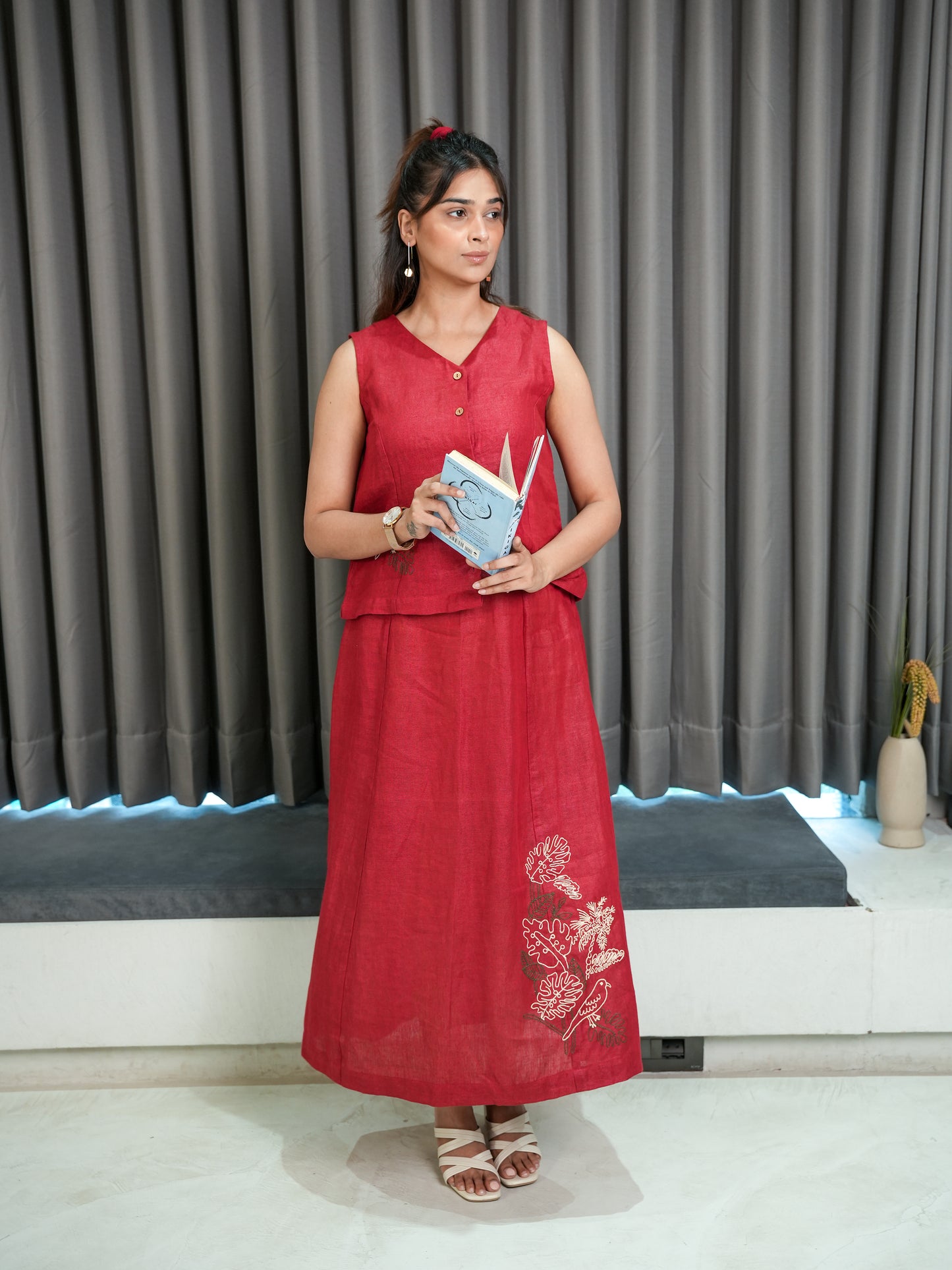 Linen Top with Skirt - Red