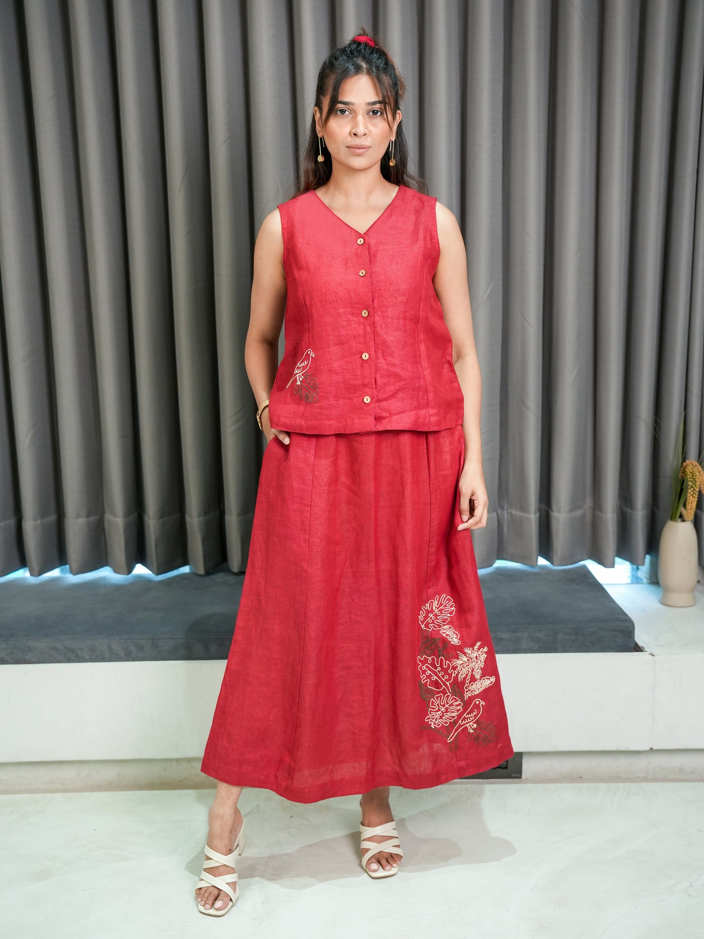 Linen Top with Skirt - Red