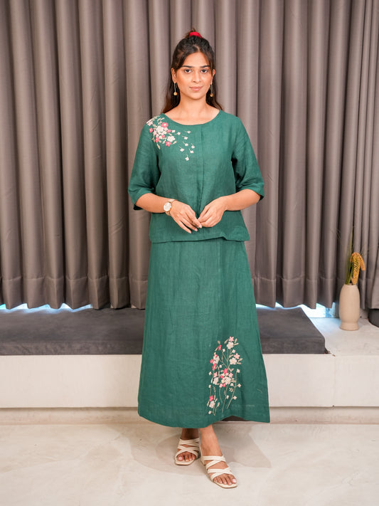 Linen Top with Skirt - Green
