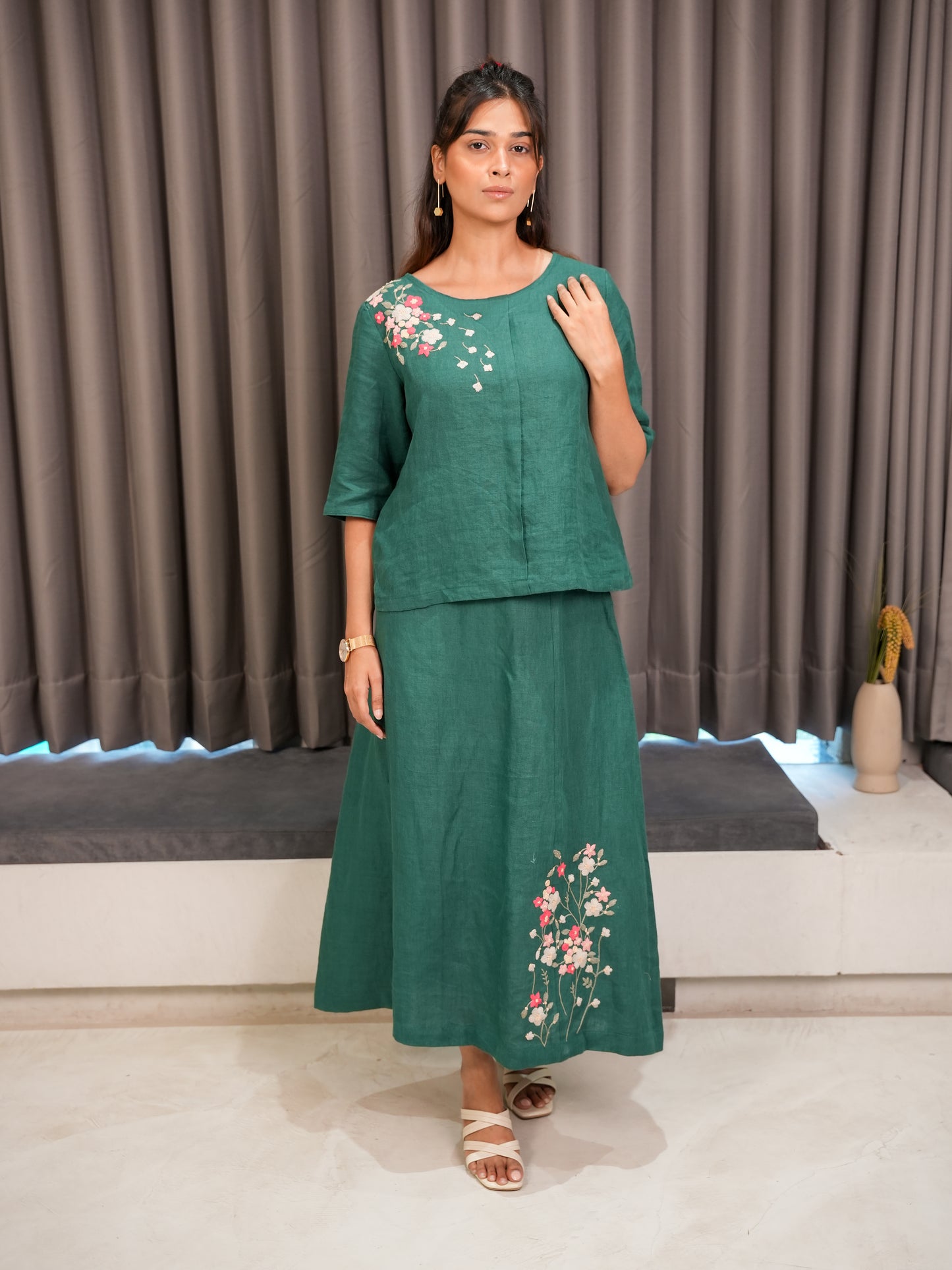 Linen Top with Skirt - Green