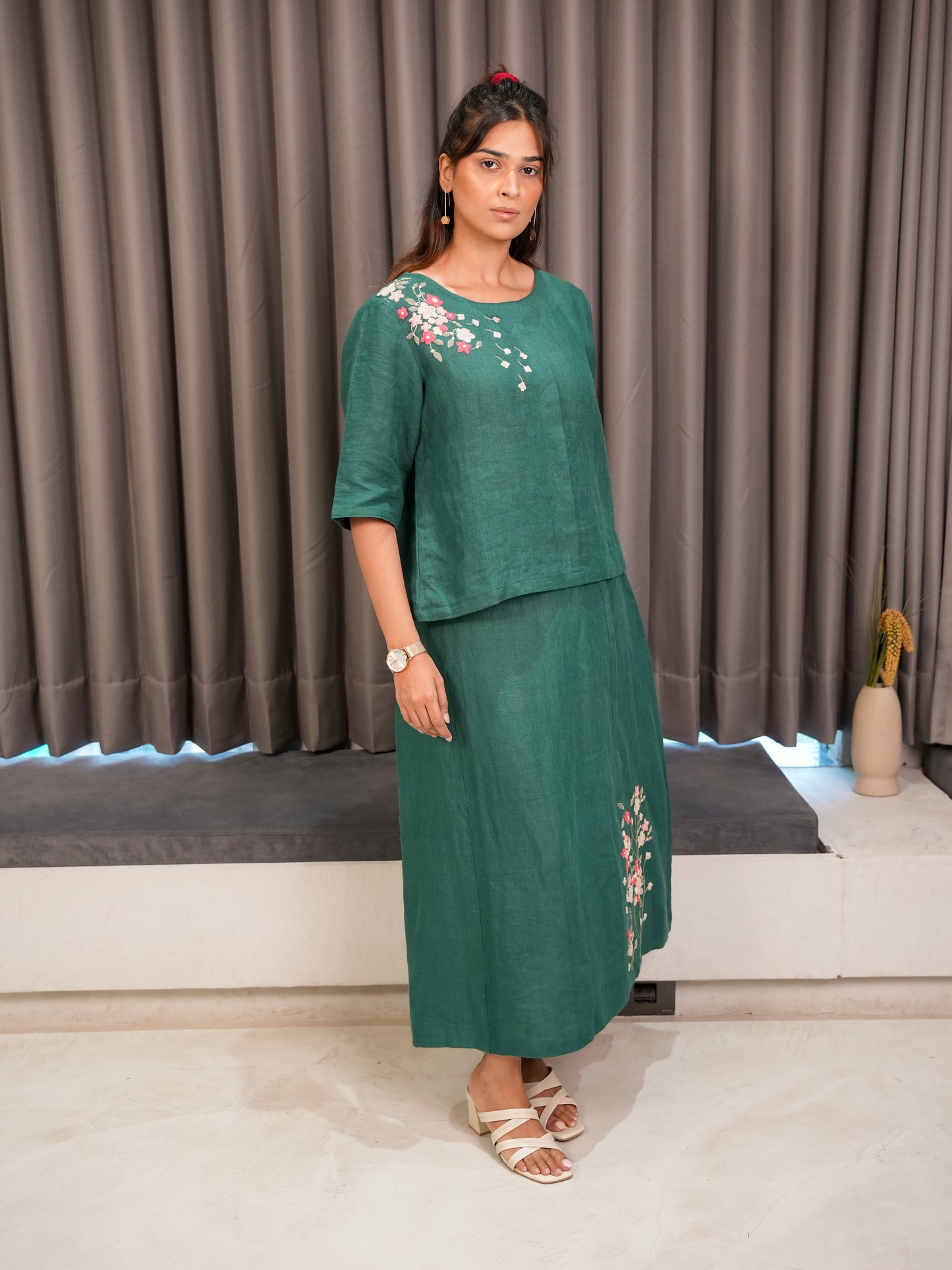 Linen Top with Skirt - Green