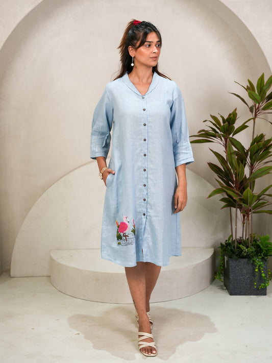 Linen Embroidery Dress - Sky Blue