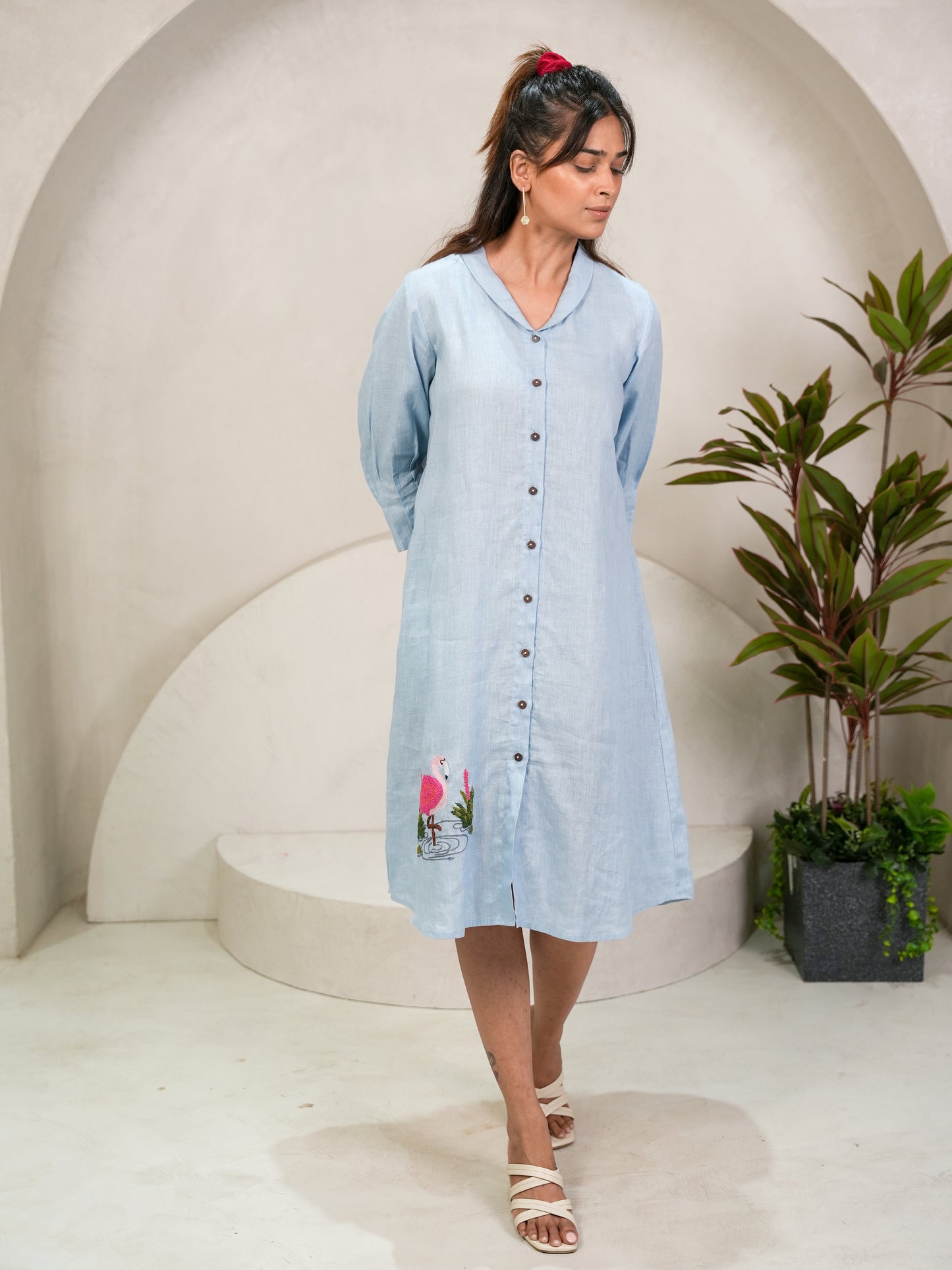 Linen Embroidery Dress - Sky Blue