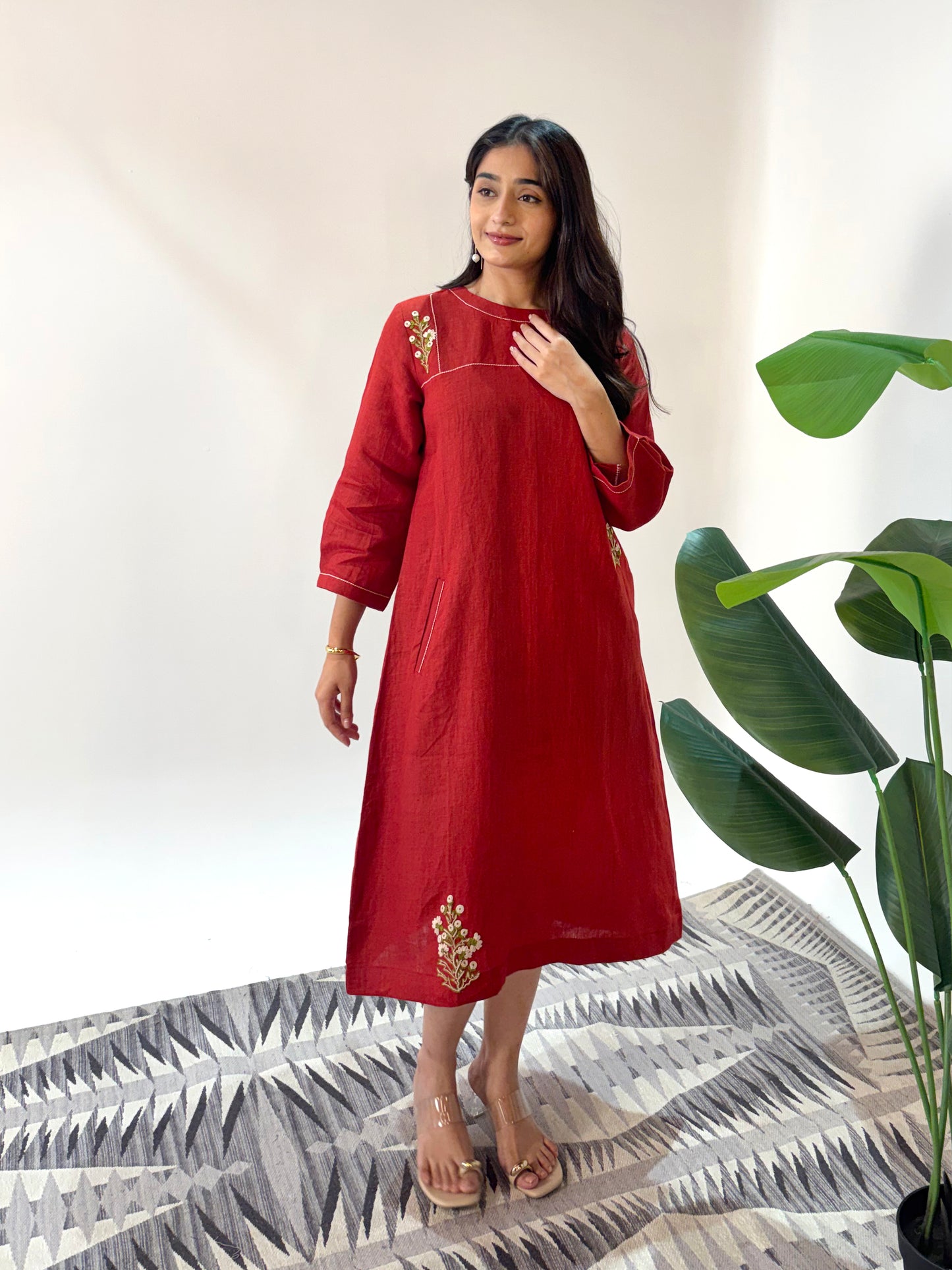 Linen Embroidery Dress - Orange