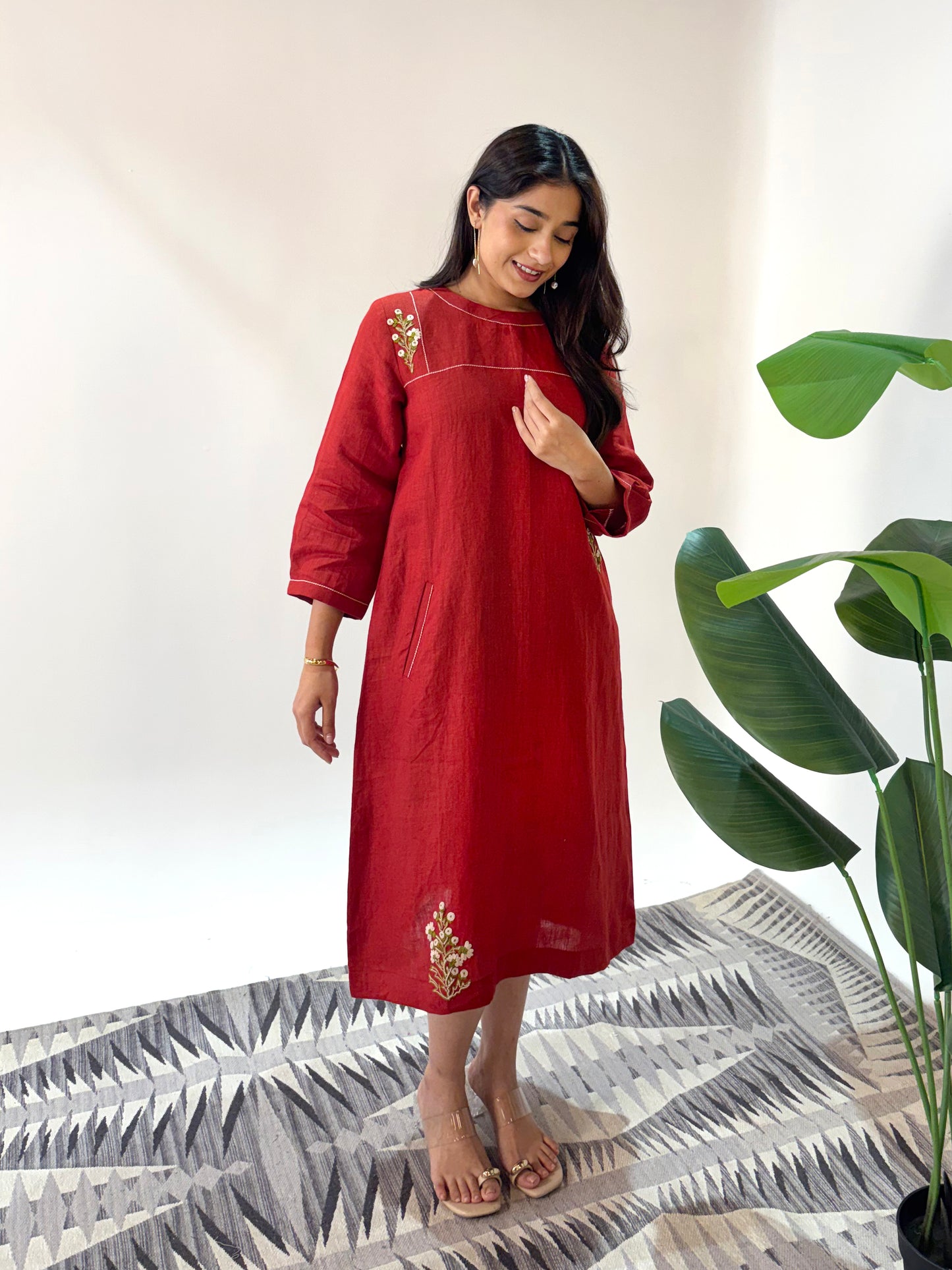 Linen Embroidery Dress - Orange