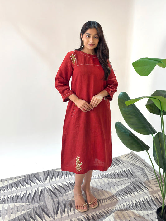 Linen Embroidery Dress - Orange