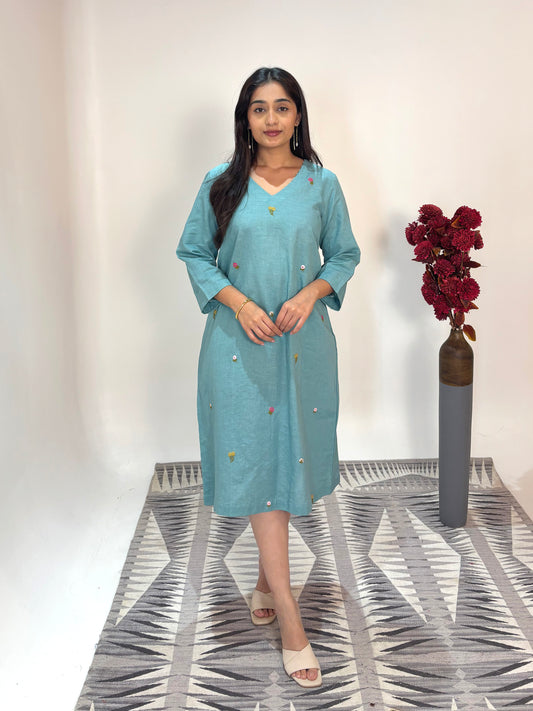 Linen Embroidery Dress - Sea Green