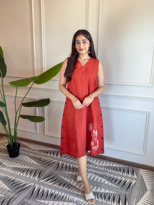 Linen Embroidery Dress - Orange