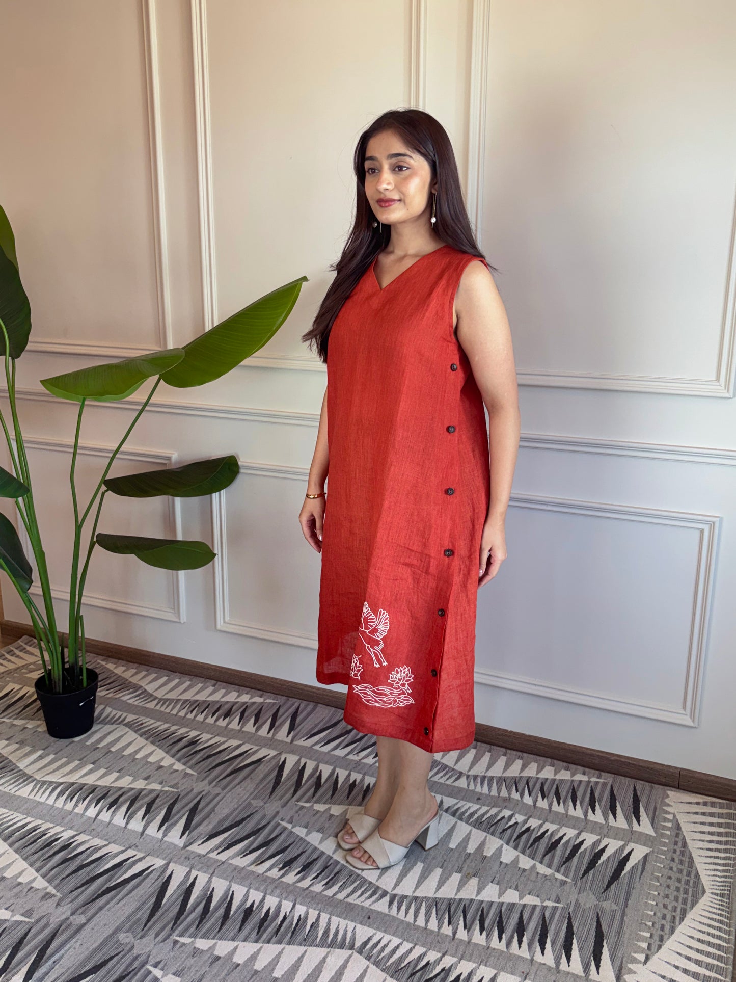 Linen Embroidery Dress - Orange