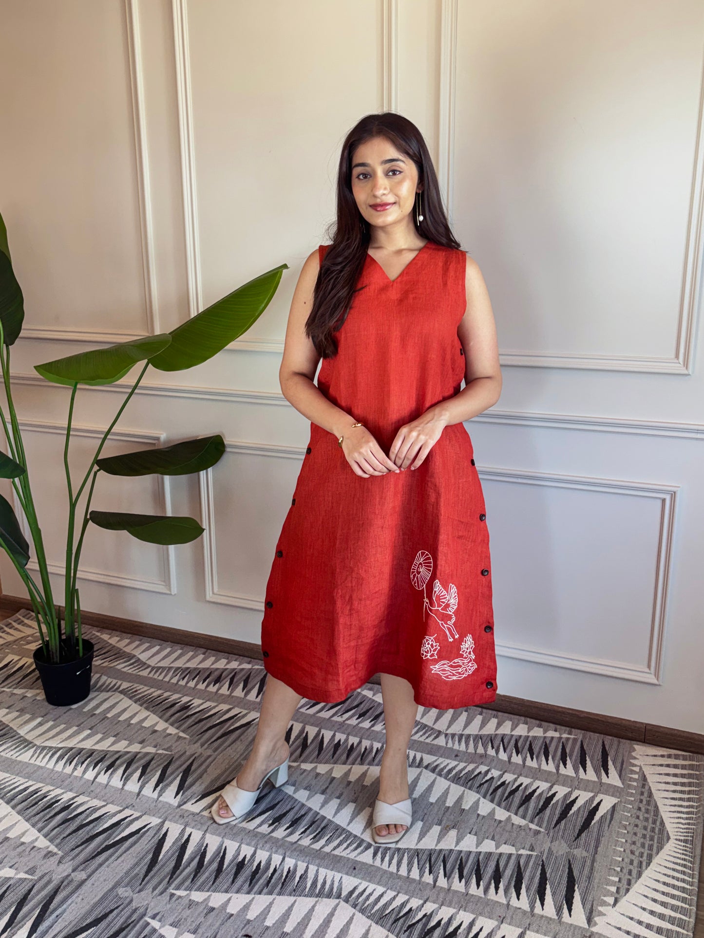Linen Embroidery Dress - Orange