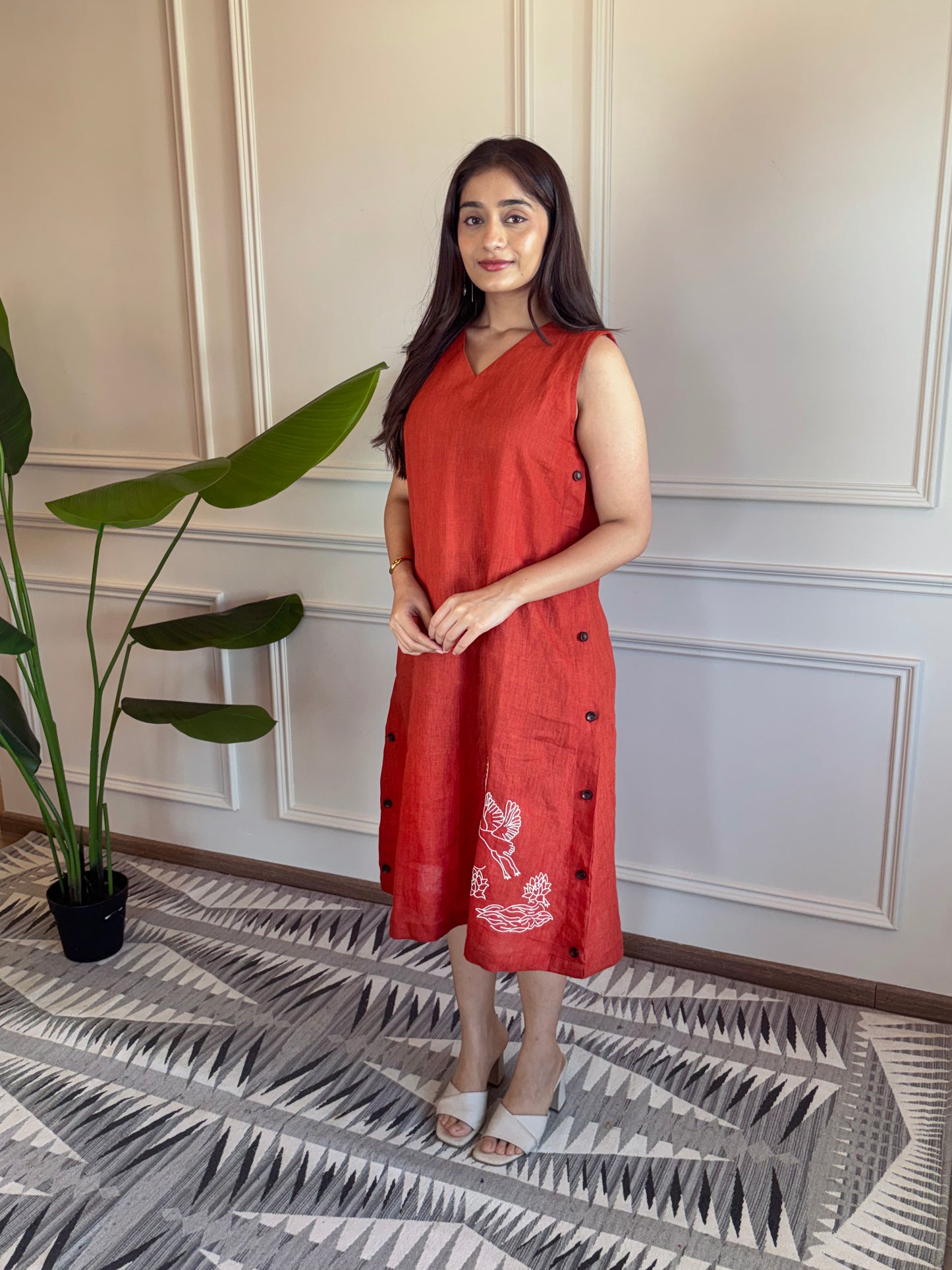 Linen Embroidery Dress - Orange