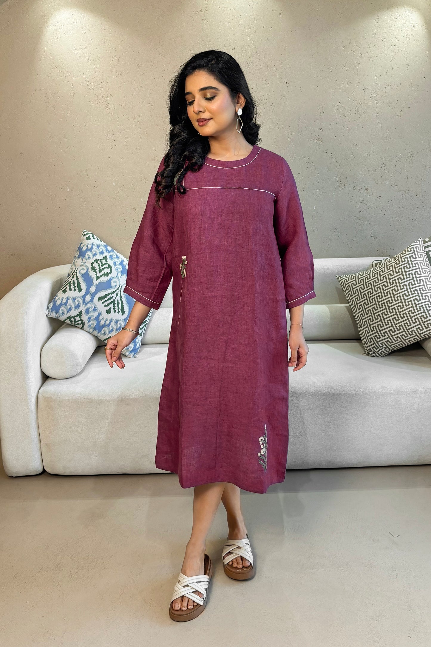 Linen Embroidery Dress - Purple