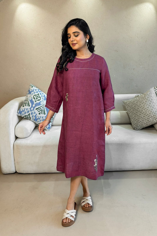 Linen Embroidery Dress - Purple