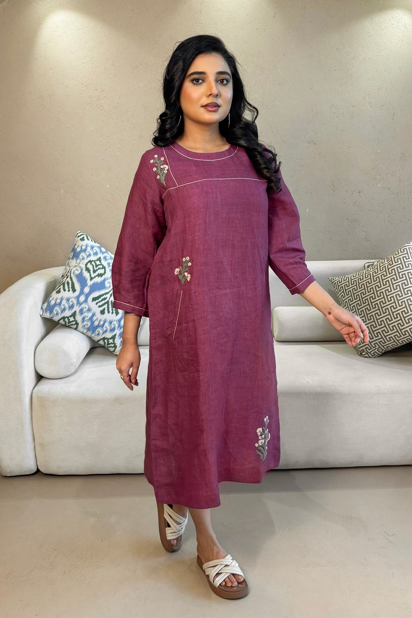 Linen Embroidery Dress - Purple