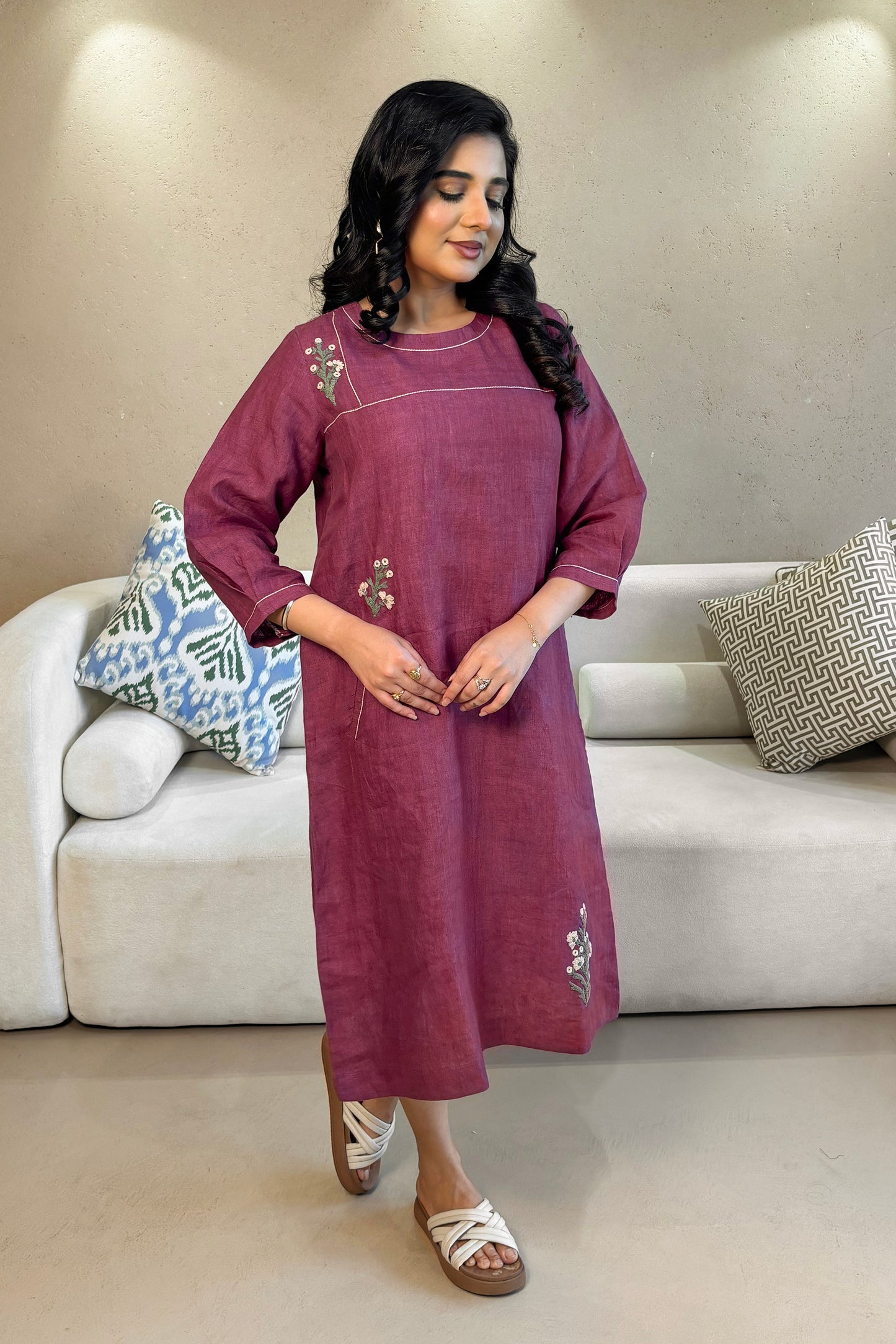 Linen Embroidery Dress - Purple