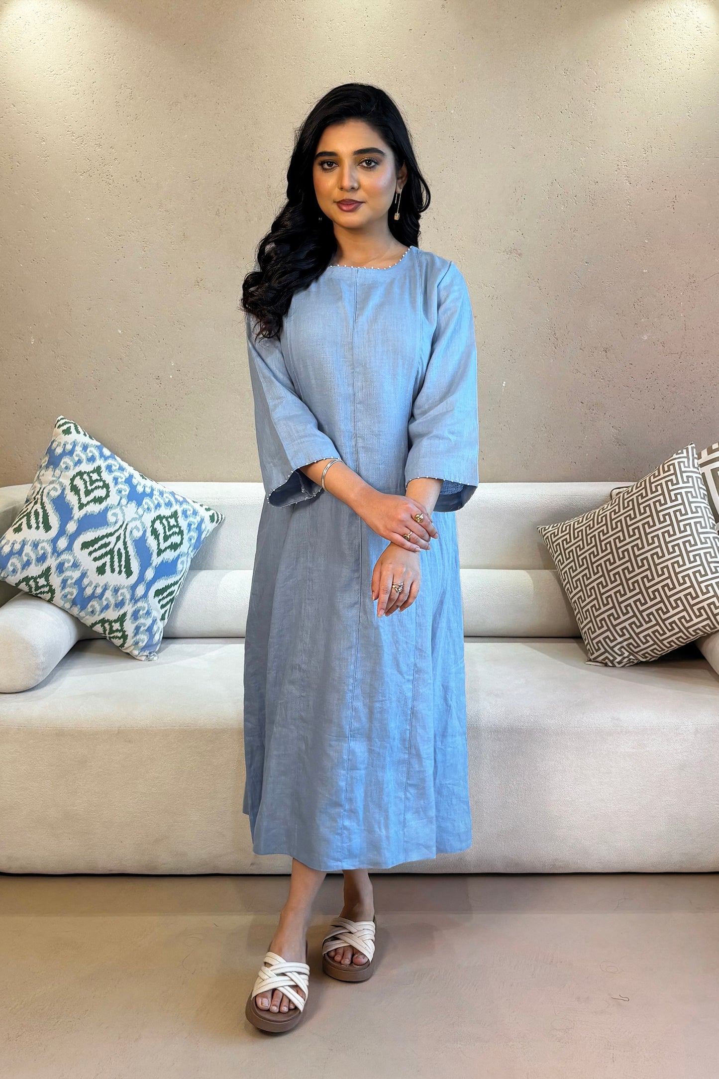 Linen Aline Dress - Sky Blue