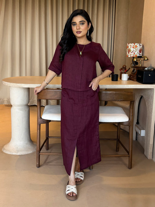 Linen Top with Skirt - Burgundy