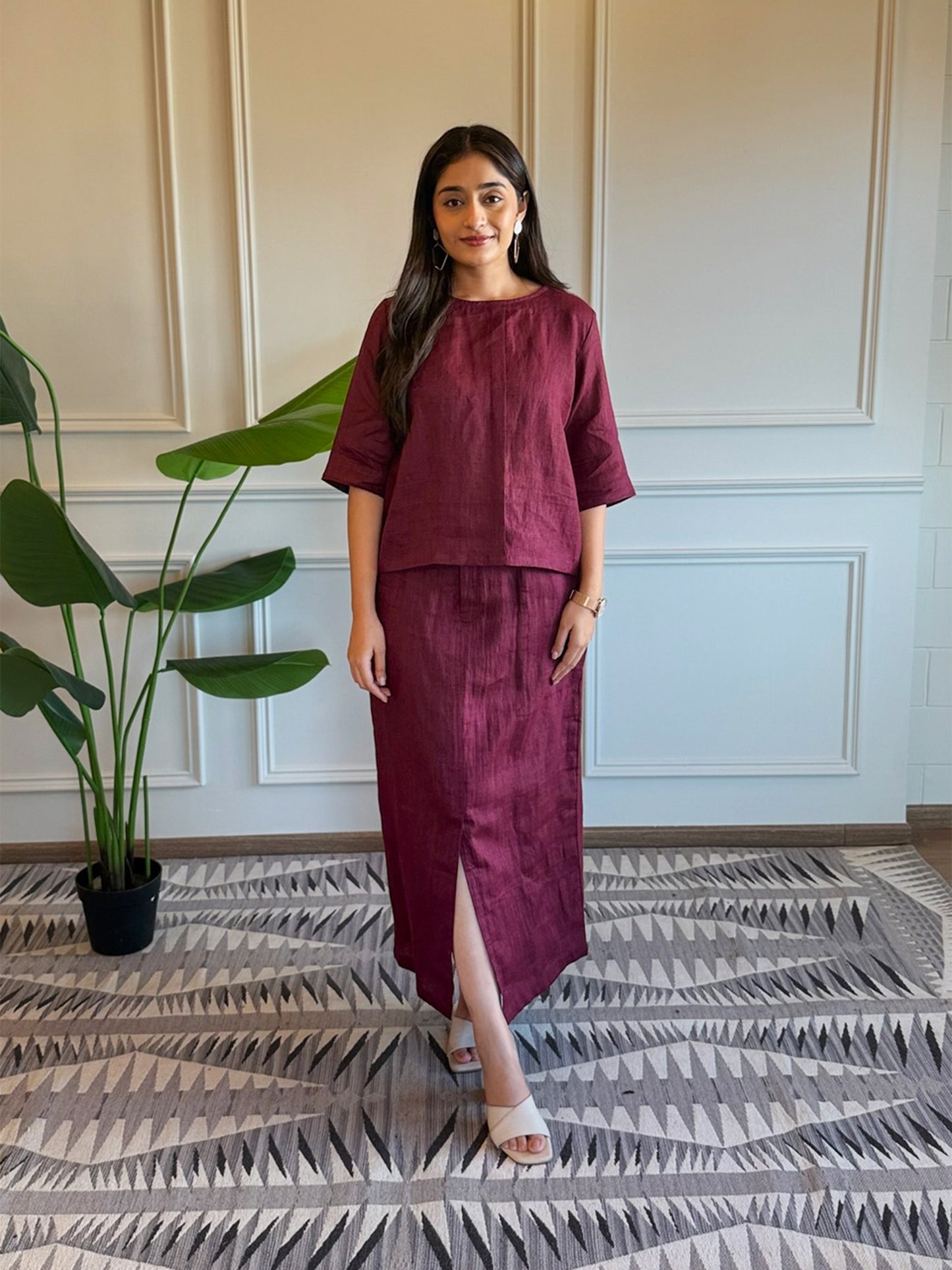 Linen Top with Skirt - Burgundy