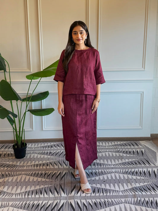 Linen Top with Skirt - Burgundy