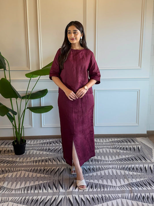 Linen Top with Skirt - Burgundy