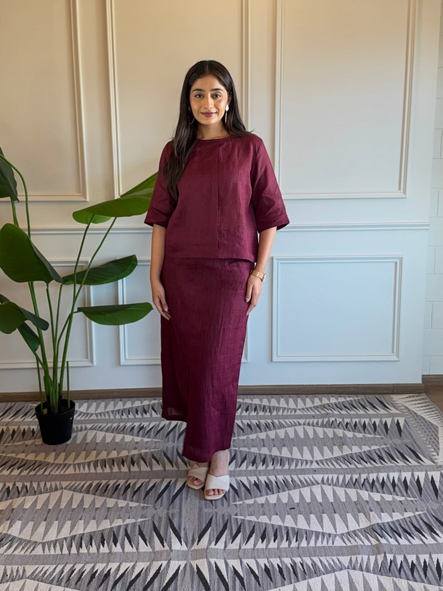 Linen Top with Skirt - Burgundy