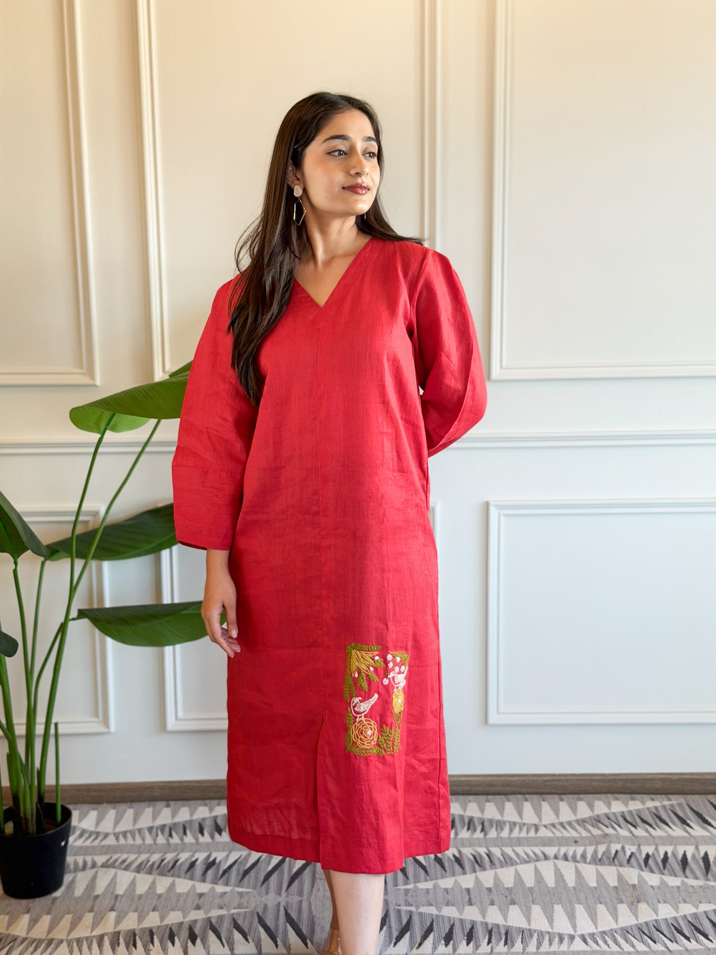 Linen Embroidery Dress - Red