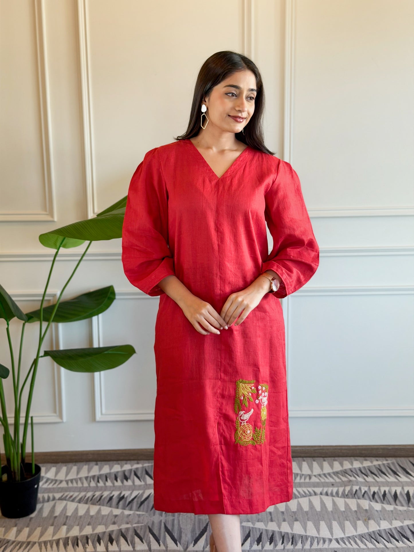 Linen Embroidery Dress - Red