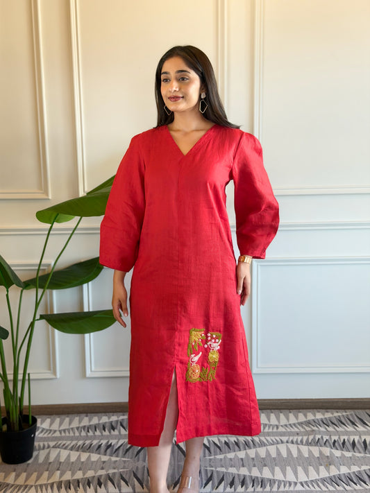Linen Embroidery Dress - Red